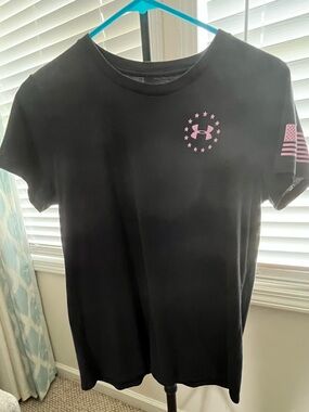 Under Armour Black Tee with Pink Logo and Sleeve Flag
